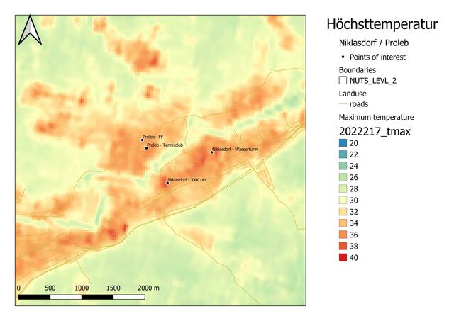 Die Hitzeinselkarte der Gemeinden Niklasdorf und Proleb: Nur vereinzelt sind rote Gebiete zu erkennen, beispielsweise beim XXXLutz, Knapp oder der Kika-Filiale. Ebenso deutlich ist die Mur in Grün zu erkennen. | Foto: Joanneum Research