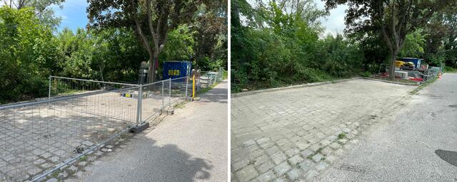 13. Juli vs. 14. Juli: Lange war die Bautelleneinrichung in der Vorgartenstelle so gut wie leer. Warum das so ist, konnte die Porr der Bezirkszeitung bis 13. Juli 2023 nicht beantworten. Doch am 14. Juli 2023 wurde der Lagerplatz plötzlich verkleinert. | Foto: z.V.g.