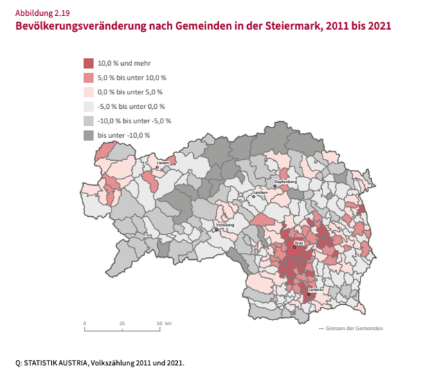 Bevölkerungsveränderung zwischen 2011 und 2021 nach Gemeinden in der Steiermark. | Foto: Statistik Austria