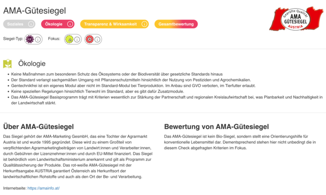 Der Siegelcheck des AMA-Gütesiegel zeigt vor allem einen Mangel in Sachen Ökologie auf. | Foto: Screenshot Siegelcheck