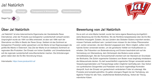Eigenmarken wie ja! natürlich konnten nicht bewertet werden, wurden aber kommentiert. | Foto: Screenshot Siegelcheck