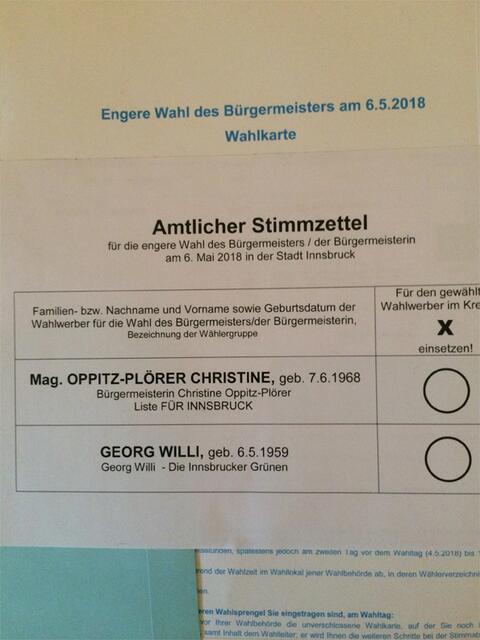 Grünen warnen vor einer "dritten Amtszeit" von Christine Oppitz-Plörer durch die Hintertür. Der eigentlich unrichtige Stimmzettel zur Bürgermeisterstichwahl 2018. Es sollte erst der Nachname und dann Vorname aufscheinen. | Foto: BezirksBlätter