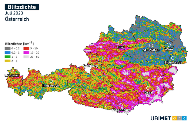 Die Blitzdichte in Österreich im Juli 2023. | Foto: Ubimet