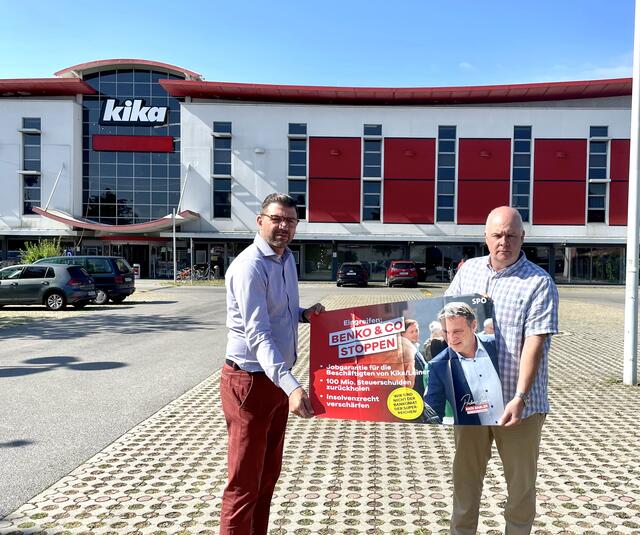 Martin Peterl und Heinz Scheele sind erschüttert über die Kika-Pleite. Sie fordern: Benko-Projekte im Bezirk müssen gestoppt werden. | Foto: SPÖ Bezirk Korneuburg