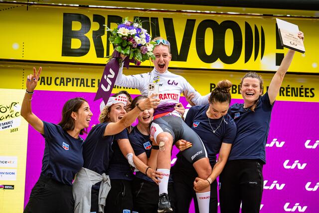 Die Fahrerinnen vom Team CERATIZT-WNT Pro Cycling feiern den Gewinn des weißen Trikots. V.l: Sandra Alonso, Alice Maria Arzuffi, Arianne Fidanza, Nina Berton, Cédrine Kerbaol, Kathrin Schweinberger und Marta Lach.
 | Foto: Arne Mill