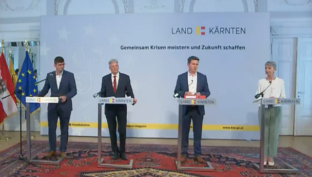 Martin Gruber, Landeshauptmann Peter Kaiser, Daniel Fellner, Gabi Schaunig bei der Pressekonferenz über das Tief Zacharias. | Foto: MeinBezirk
