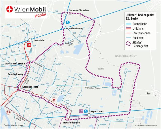 In diesem Gebiet ist der WienMobil Hüpfer ab 4. September unterwegs. | Foto: Wiener Linien, APA Grafik on Demand