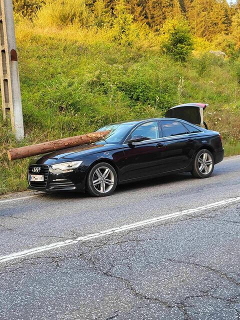 Der meterlange Baum fiel von einem Anhänger eines Lasters, der laut "Brasov.net" mehr als 40 Tonnen Holz transportierte. | Foto: Diaspora Europeană Oficial/zVg