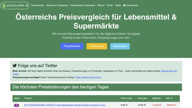 Preisrunter ist eine Plattform zum Preisvergleich von Lebensmitteln, sozusagen der "Geizhals" für den täglichen Einkauf. Es handelt sich um ein 100% unabhängiges Freizeitprojekt. Preisrunter verwendet im Hintergrund ChatGPT, um die Suchergebnisse zu verbessern.  Die Features in aller Kürze:  Intelligente KI-Suche für Produkte &amp; Lebensmittel des täglichen Einkaufs - Preisvergleich für über 150.000 Produkte in über 10 Märkten - Angebote &amp; Aktionen finden - Preiserhöhungen oder -senkungen beobachten - Geteilte Einkaufsliste für den gemeinsamen Familieneinkauf oder die Grillerei unter Freunden - Günstigste Artikel in Produktgruppen entdecken und ähnliche Produkte finden.  | Foto: preisrunter
