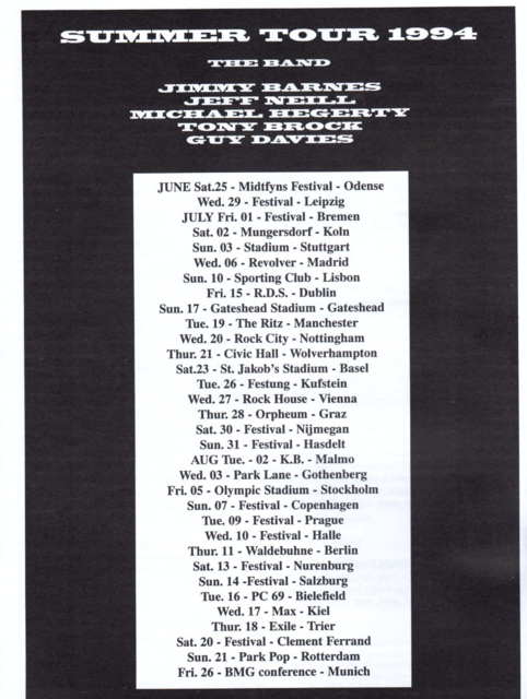 Damaliger Tourplan von Jimmy Barnes