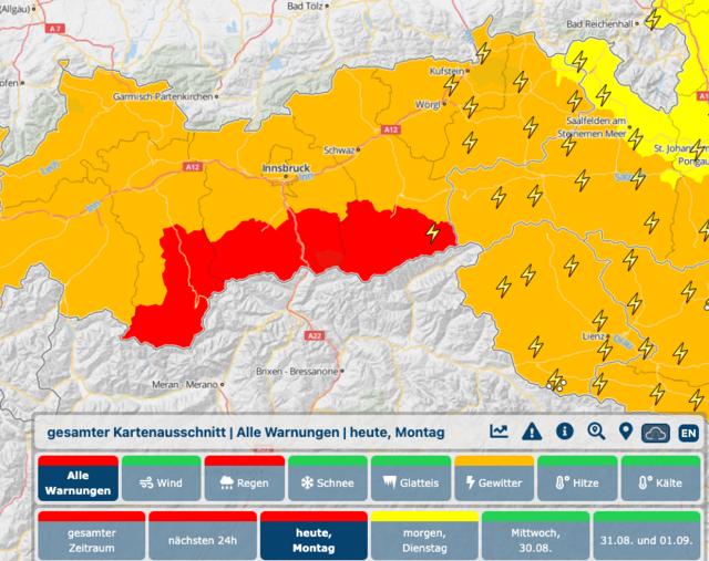 Hochwassergefahr ist in Teilen Tirols angesagt. Das Land gibt dringende Warnungen raus. | Foto: Screenshot: Zamg