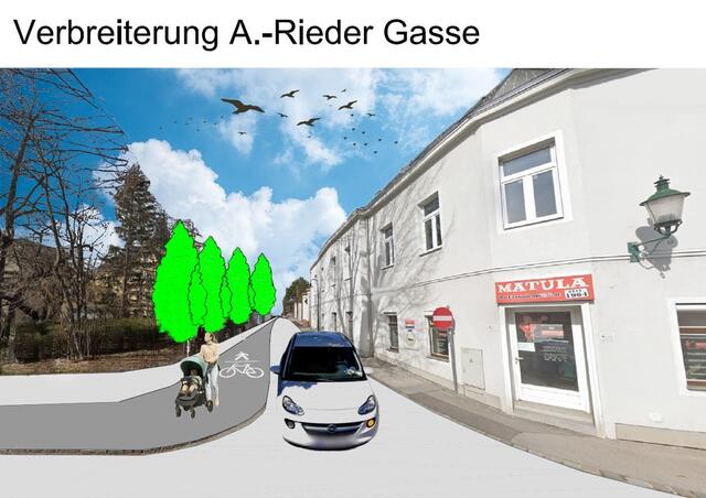 So könnte die Ambros-Rieder-Gasse (Blickrichtung Wiener Gasse zur Plättenstraße) mit unveränderter Fahrbahnbreite und neuem Geh- und Radweg in Zukunft aussehen. 
 | Foto: MG Perchtoldsdorf