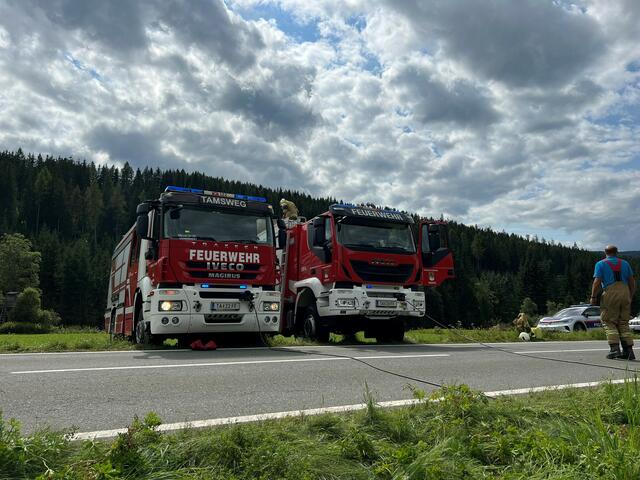 Von einem Einsatz bei einem schweren Verkehrsunfall, bei dem ein mit Hackgut beladener LKW auf B96 bei Tamsweg-Sauerfeld umgestürzt war, berichtete die Freiwillige Feuerwehr Tamsweg. | Foto: Feuerwehrbezirk Tamsweg, Lungau / Thomas Keidel