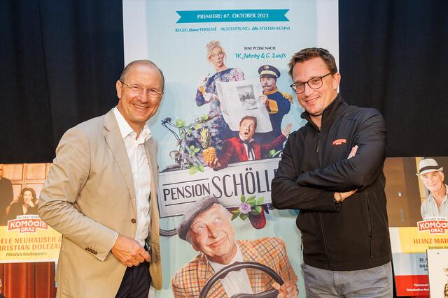 Urs Harnik und Stefan Moser sind Teil der Besetzung der Posse "Pension Schöller", die am 7. Oktober in der Komödie Graz Premiere feiert | Foto: Komödie Graz