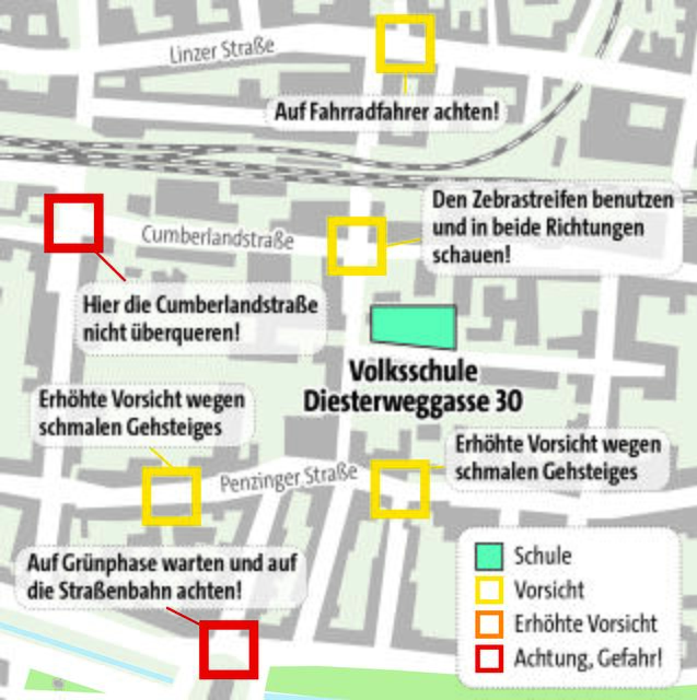 Rund um die Schule Diesterweggasse gibt es einige gefährliche Stellen. Hier müssen Kinder besonders aufpassen. | Foto: APA/AUVA/ZopVieh
