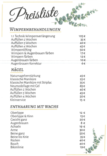 Die aktuelle Preisliste von Carina's Studio