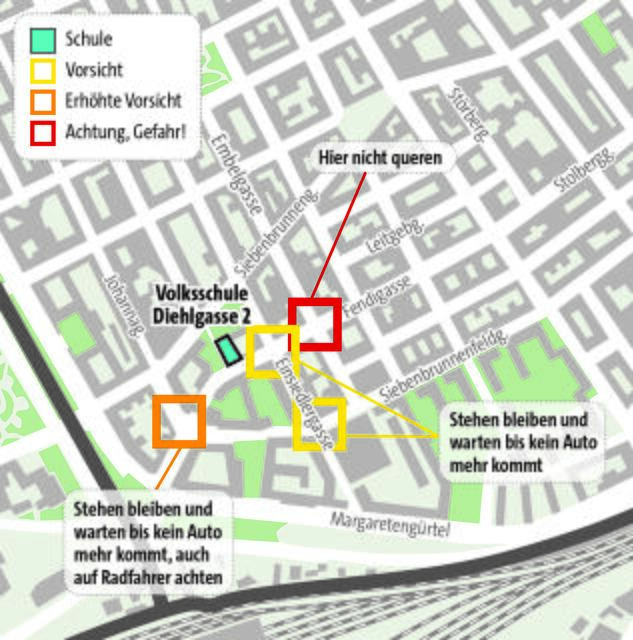 Am Weg in die VS Diehlgasse sollte die Fendigasse beim Schutzweg vor der Schule und nicht bei der Embelgasse gequert werden. | Foto: MA 46/Tanzer