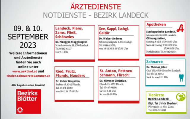 Wochenenddienste für Sa. 09. und So. 10. September | Foto: BezirksBlätter Landeck