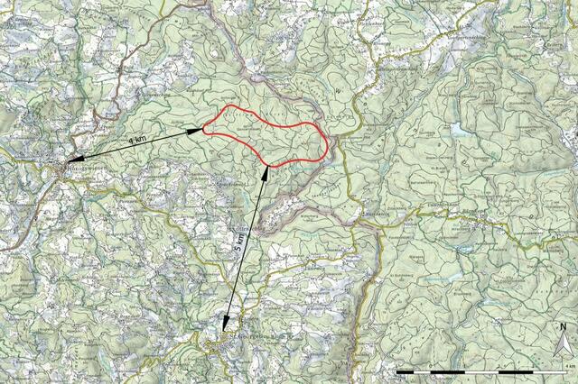 Der Abstand des geplanten Windparks zu den Hauptorten. | Foto: Bundesamt für Eich- und Vermessungswesen/CC BY 4.0/Bearbeitung Energiewerkstatt. Link zur Lizenz: https://creativecommons.org/licenses/by/4.0/deed.de