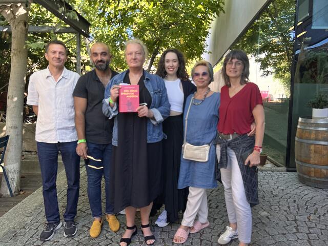 Bei der Sonntagsmatinée der Literaturtage im Weinwerk: Christian Futscher, Hamed Abboud, Christa Nebenführ, Mira Perusich, Karin Ivancsics und Karin Peschka | Foto: Andrea Glatzer
