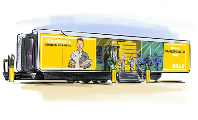 Billa Transformer Tour: In einem eigens kreierten, begehbaren Truck mit Glasfront und einem modernen Innenleben können sich Jugendliche beraten lassen. | Foto: Billa, Stargate Group Werbeagentur GmbH, Markus Wurzer