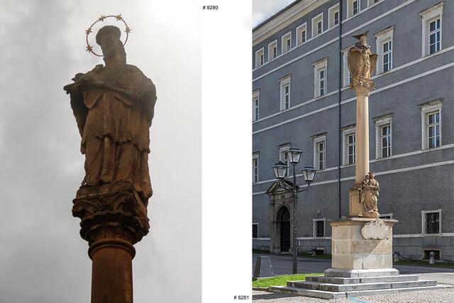 Bild 39 (# 8280 + 8281) links:  die Johannes Nepomuk-Säule. Beim Brunnen am unteren Hauptplatz von Gmünd steht ein Heiliger auf einer hohen Säule. Er wurde der Patron der Schifffahrt, der Flößer, Müller, Priester und Beichtväter. Mehr Information findet ihr hier:
Die „Nepomuksäule“  

Rechts: die Dreifaltigkeitssäule welche 1690 aufgrund eines Erdbebens errichtet wurde. Auf einem hohen Sockel steht eine Maria- Statue, darüber über einer ionischen Säule eine Gnadenstuhl-Skulptur. Das Denkmal wurde 1991 restauriert. | Foto: © by Ing. Günter Kramarcsik