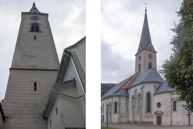 Bild 21 (# 8269): 2 Außenansichten. Links der Turm der Kirche welcher zweimal (1613 und 1792) abbrannte. Im Jahre 1887 wurde der Turm erhöht und mit einem neuen ehrgeizigen Helm gekrönt. So erreichte der Turm eine Höhe von 74 Meter. | Foto: © by Ing. Günter Kramarcsik