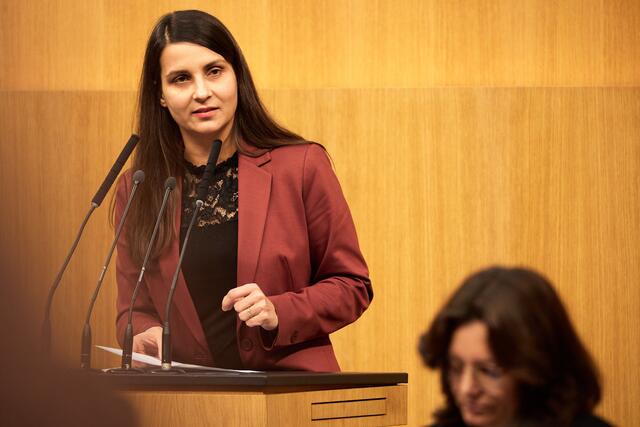 Die grüne Frauensprecherin Meri Disoski wirft dem Finanzministerium Steuerpolitik "von Männern für Männer" vor. | Foto: Parlamentsdirektion/Thomas Topf