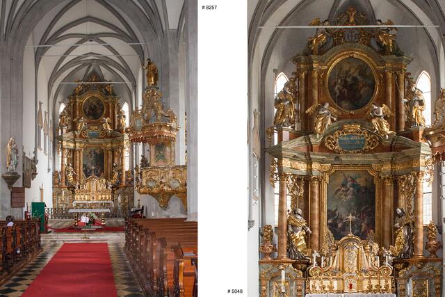 Bild 14 (# 8257): zu beiden Seiten des schönen spätbarocken Hochaltars stehen lebensgroße Apostelfiguren. Der Hochaltar wurde 1730 fertig gestellt. Mehr Informationen siehe: Stadtpfarrkirche „Mariä Himmelfahrt“  | Foto: © by Ing. Günter Kramarcsik