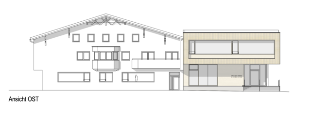 Die Ostseite des ehemaligen Gemeindehauses. Darin werden Kinder und im Dachboden die Chronisten Platz finden. Ein Zubau nordseitig (re. i. Bild) erweitert das "Haus des Kindes". | Foto: Grafik: Architekt Torsten Herrmann