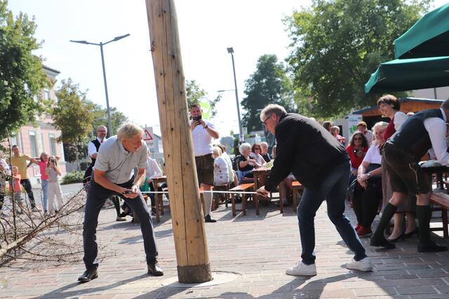 Auch die Gäste aus der Partnergemeinde Hennstedt beteiligten sich am Maibaumumschneiden.  | Foto: Edith Ertl