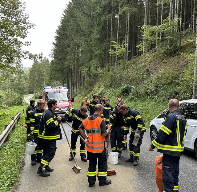 Eine kilometerlange Ölspur führte am Samstag zu einem längeren Feuerwehreinsatz in Münzbach. | Foto: FF Münzbach