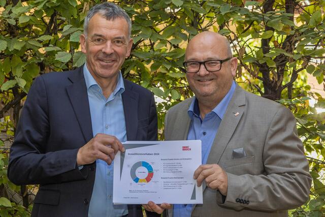 Bürgermeister Georg Willi (l.) und Finanzdirektor Martin Rupprechter (r.) weisen auf die städtischen Investitionen im Jahr 2024 hin. | Foto: IKM