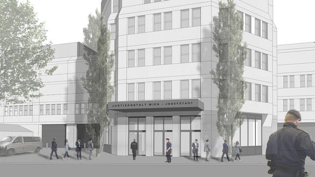 So sieht die Visualisierung des Eingangs der Justizanstalt Josefstadt aus.  | Foto: YF Architekten/Atelier 23