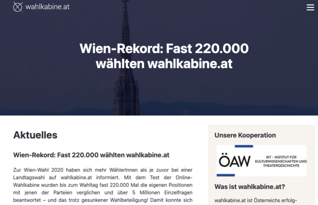 "Wahlkabine.at ist Österreichs erfolgreichste Online-Politikorientierungshilfe", steht auf der Website der Online-Orientierungshilfe für Wählerinnen und Wähler in Österreich. Doch das stimmt nicht. Denn sie ist es nicht mehr. | Foto: Screenshot wahlkabine.at