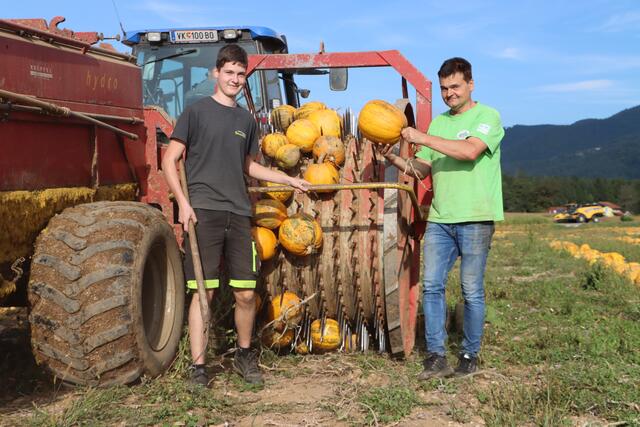 Josef Polesnig und sein Sohn Daniel bei der Kürbiskernerntemaschine. | Foto: Christopher Polesnig
