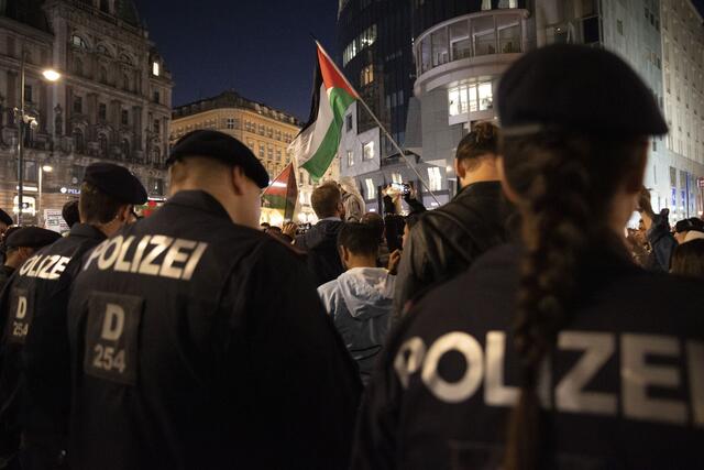 Die Polizei warf am Stephansplatz ein genaues Auge auf die eigentlich untersagte Veranstaltung.  | Foto: TOBIAS STEINMAURER / APA / picturedesk.com