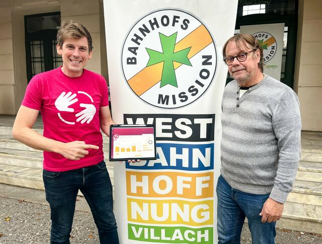 Auf www.energiespenden.at ist das Spenden von Kilowattstunden einfach umgesetzt. Projekt-Initiator Matthias Nadrag und Marjan Kac (von links) von der Westbahnhoffnung geben Hoffnung. | Foto: MeinBezirk.at