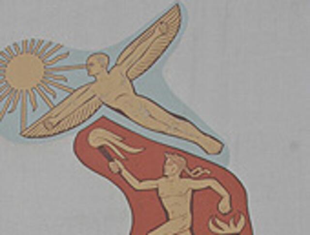 Ein klassisches Beispiel für Kunst am Bau in Linz aus dem Jahr 1960. Das Fresko erstreckt sich über sieben Stockwerke am Haus Muldenstraße 31 und stellt die vier Elemente dar. | Foto: Archiv der Stadt Linz