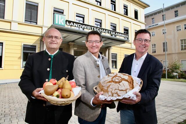 Erich Roscher, Siegfried Huber und Rudolf Grünanger präsentierten die Erntebilanz 2023. Trotz massiver Ausfälle betonten alle: "Unsere Bauern wollen weiterhin anbauen." | Foto: MeinBezirk.at
