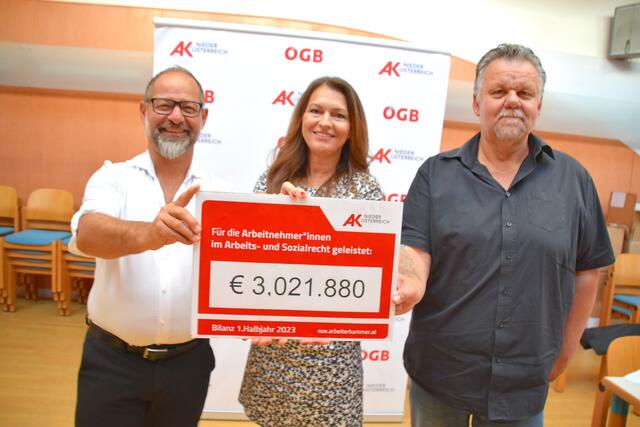Über drei Millionen Euro konnte die AK mit ihren Beratungen für die Region Korneuburg sichern, sind AK-Leiter Alfred Jordan, Juristin Doris Haller und Kammerrat Thomas Salway stolz. | Foto: Sandra Schütz