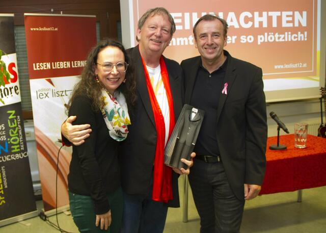 Silke Rois, Horst Horvath und Hausherr AK-Chef NR Christian Drobits beim Verlagsfest "Lex-Liszt 12" in der Bücherei der AK Oberwart.