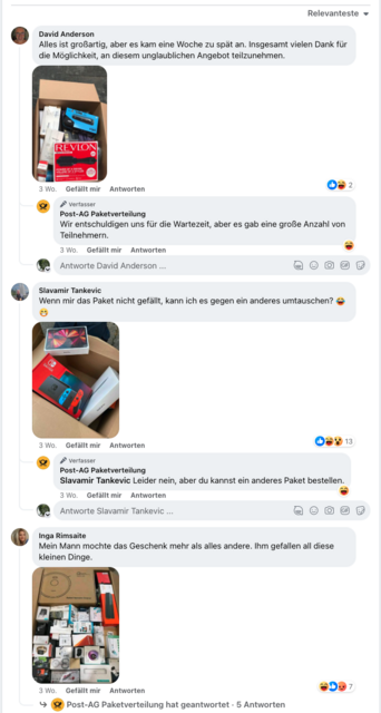 Betrüger schalten im Namen der Post betrügerische Werbung auf Facebook. Screenshots sollen die Glaubwürdigkeit erhöhen. | Foto: Screenshot