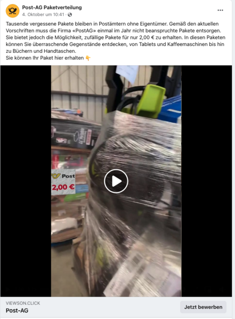 Betrüger schalten im Namen der Post betrügerische Werbung auf Facebook. | Foto: Screenshot