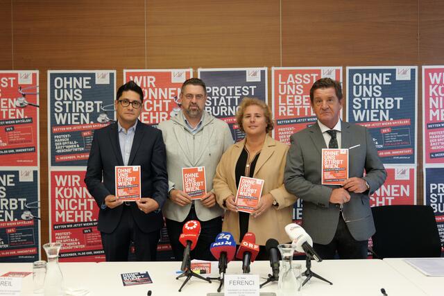 v. l. Eduardo Maldonado-González (Stv. Obmann der Kurie angestellte Ärzte der ÄKW), Stefan Ferenci (ÄKW-Vize und Obmann der Kurie), Anna Kreil (Stv. Obfrau der Kurie), Peter Poslussny (Personalvertreter im WiGeV und Vorstandsmitglied der ÄKW). | Foto: Valentin Mazal/RMW