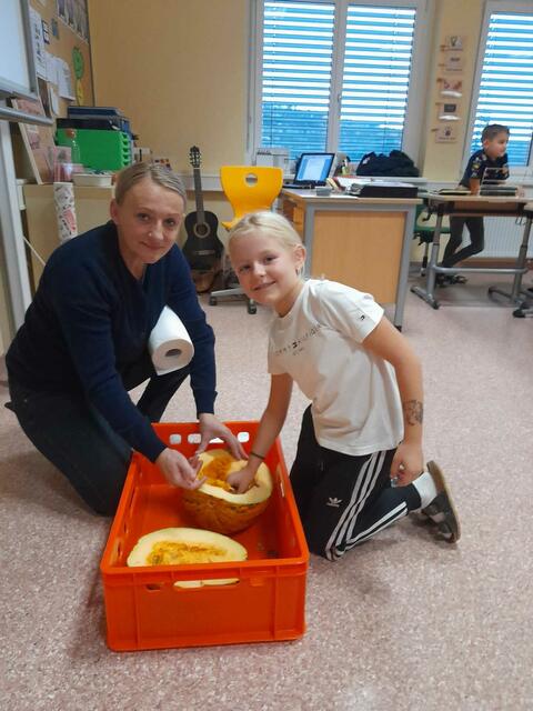 Kürbisputzen im Klassenzimmer: Für die Herstellung von einem Liter Kernöl werden ca. 2,1 bis 2,5 Kilogramm Kürbiskerne (entspricht der Menge von ca. 30 bis 40 Kürbisse) benötigt. | Foto: VS