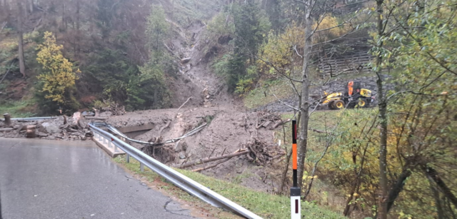 Der Murenabgang versperrt die L 324 Pustertaler Höhenstraße im Gemeindegebiet von Assling zwischen den Ortsteilen Schrottendorf und Bannberg. | Foto: BBA Lienz
