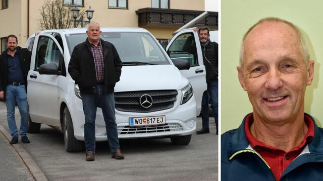 Linkes Bild: Bürgermeister Thomas Seelaus, Obmann des Seniorenbundes und Altbürgermeister Franz Kogler, sowie der Obmann des Pensionistenvereines Rochus Münzer (v.l.). Rechtes Bild: Josef Lichtenegger, einer der ehrenamtlichen Chauffeure. | Foto: Privat/MeinBezirk.at
