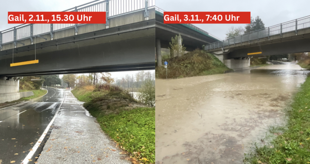 So mächtig sind die Wassermassen: Der Vergleich an der Gail Höhe Fürnitz. | Foto: MeinBezirk.at