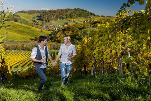 Gemütlicher geht es in den Weinbergen zu, wo man von Buschenschank zu Buschenschank wandern kann. | Foto: Steiermark Tourismus/Harry Schiffer